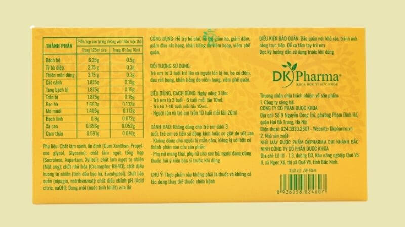 Thành phần và liều dùng của Siro Bổ Phế Dược Khoa dạng ống