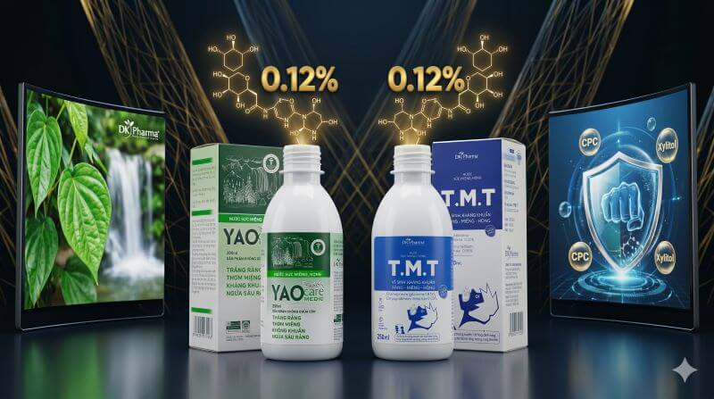 Nước súc miệng, họng T.M.T và Yaocare Medic đều chứa Chlorhexidine 0.12%