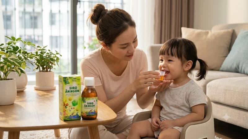Mẹ cho bé uống siro ăn ngon trước bữa ăn 30 phút