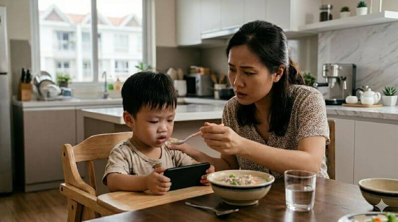 Sai lầm khi ép trẻ ăn: Cho bé xem điện thoại khi ăn