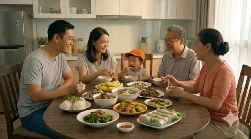 Bé ăn vui vẻ cùng ông bà cha mẹ